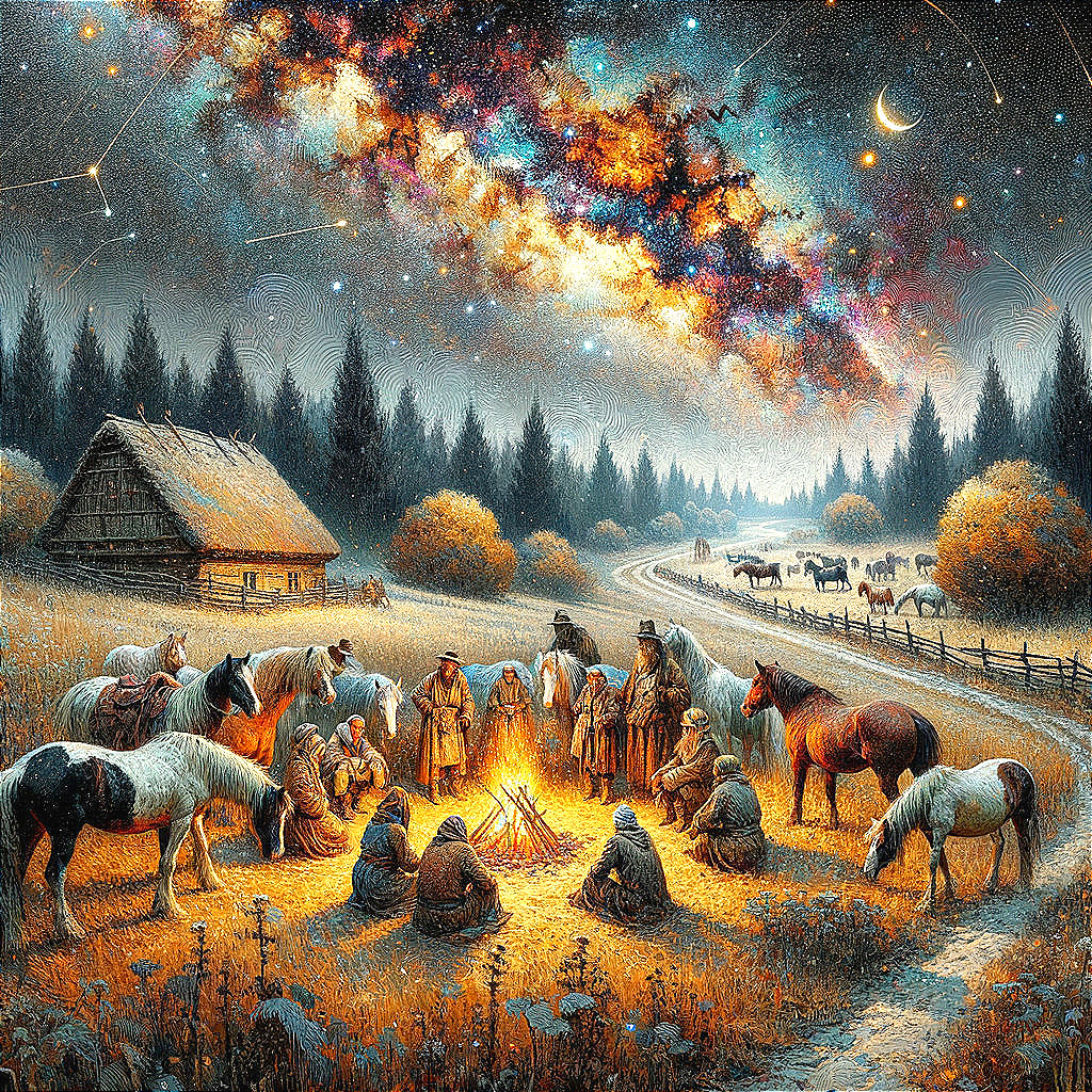 Rural Night Scene with Campfire and Horses