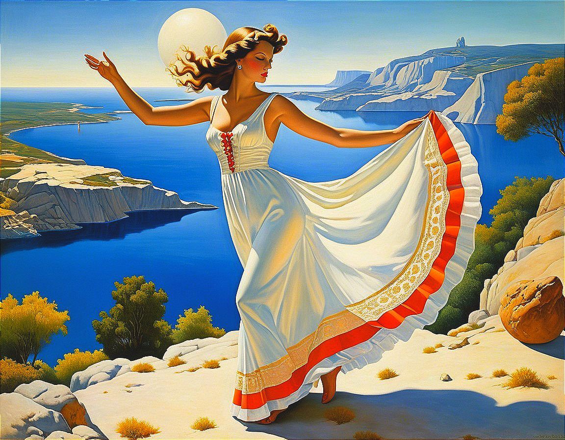 Woman in White Dress Dancing on Cliffside at Sunrise