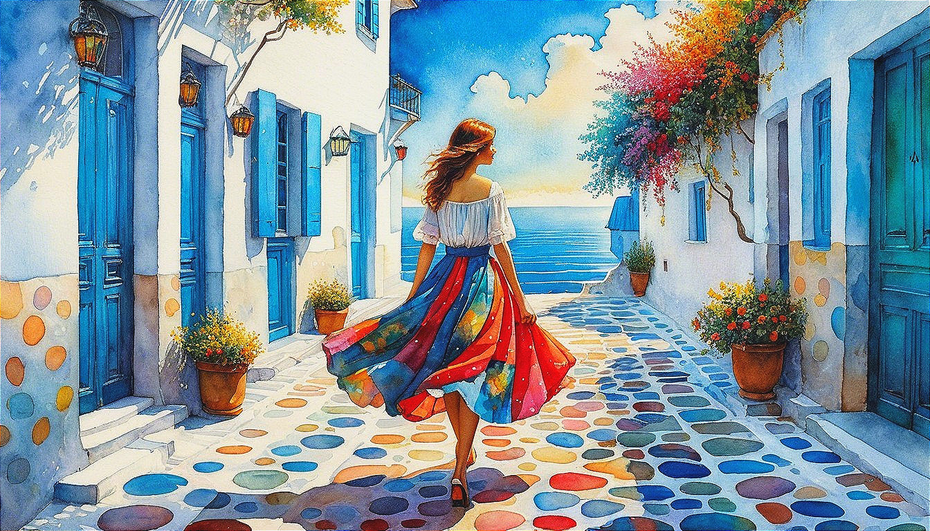 Watercolor Scene of Woman on Cobblestone Street