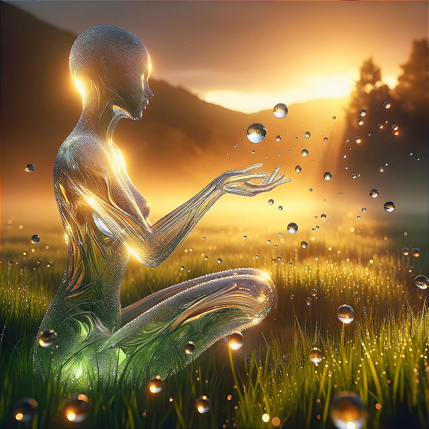Translucent figure in sunlit field with floating bubbles and luminous grass