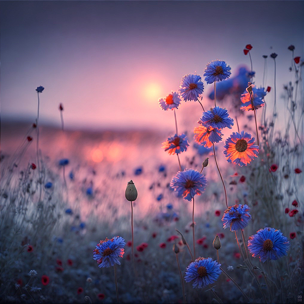 Tranquil sunset scene with blue flowers and poppies