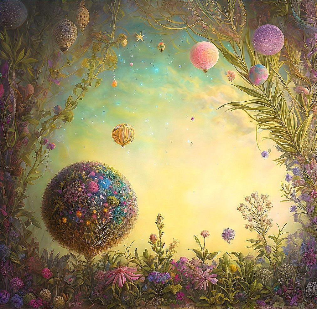 Vibrant Dreamlike Landscape with Colorful Flowers and Balloons