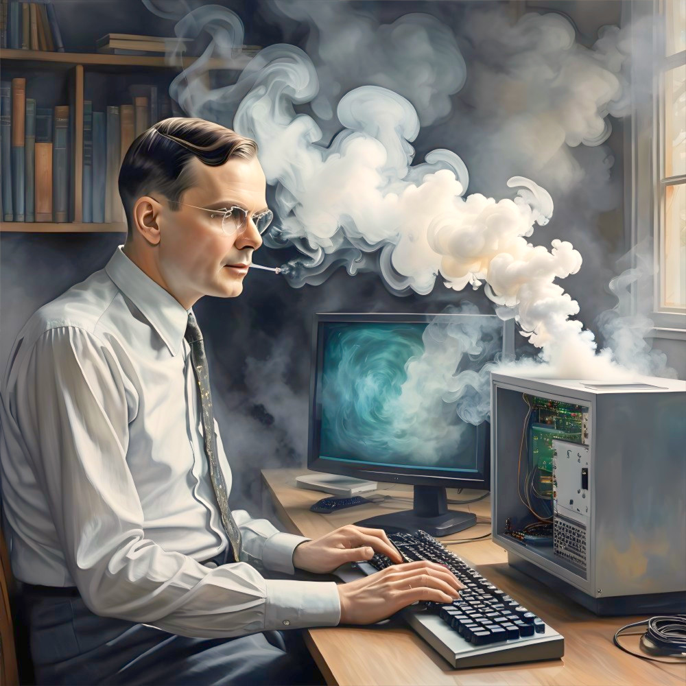 Vintage Workspace with Man Typing in Dim Light