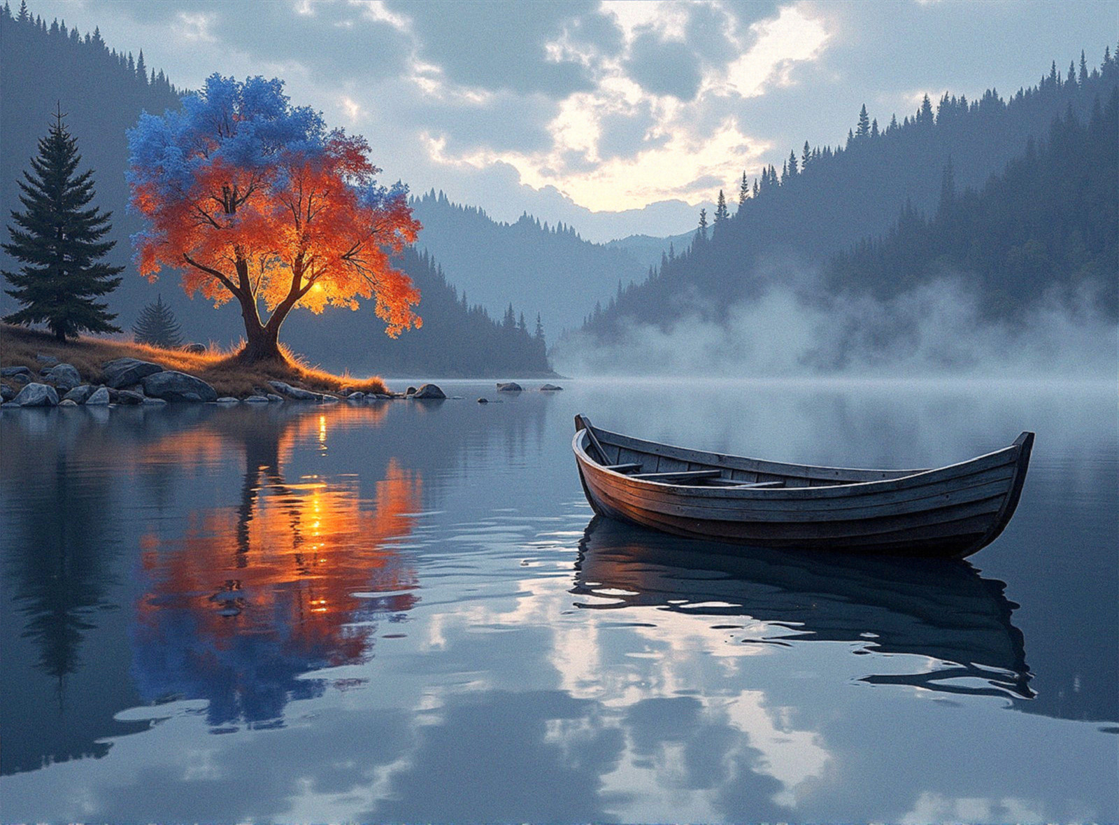 Autumn Lake Scene with Vibrant Trees and Mountains