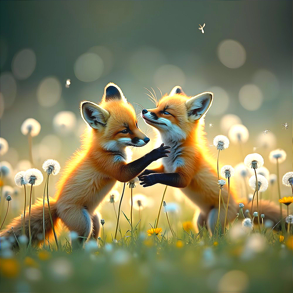 Playful Fox Cubs in a Field of Dandelions