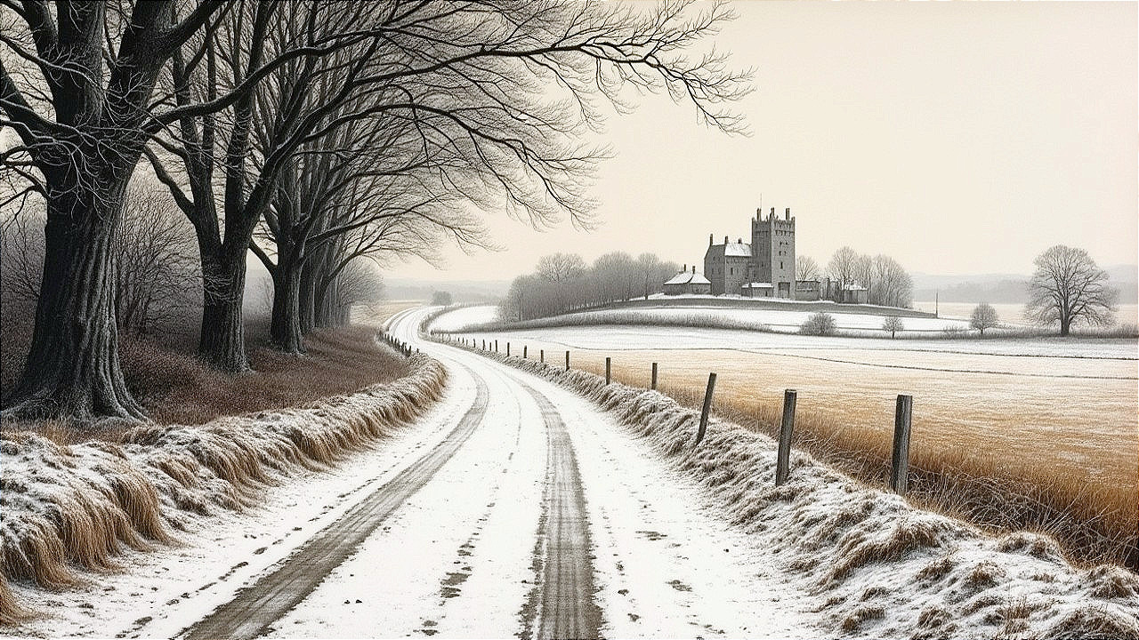 Winding Snowy Road Through Winter Landscape with Castle