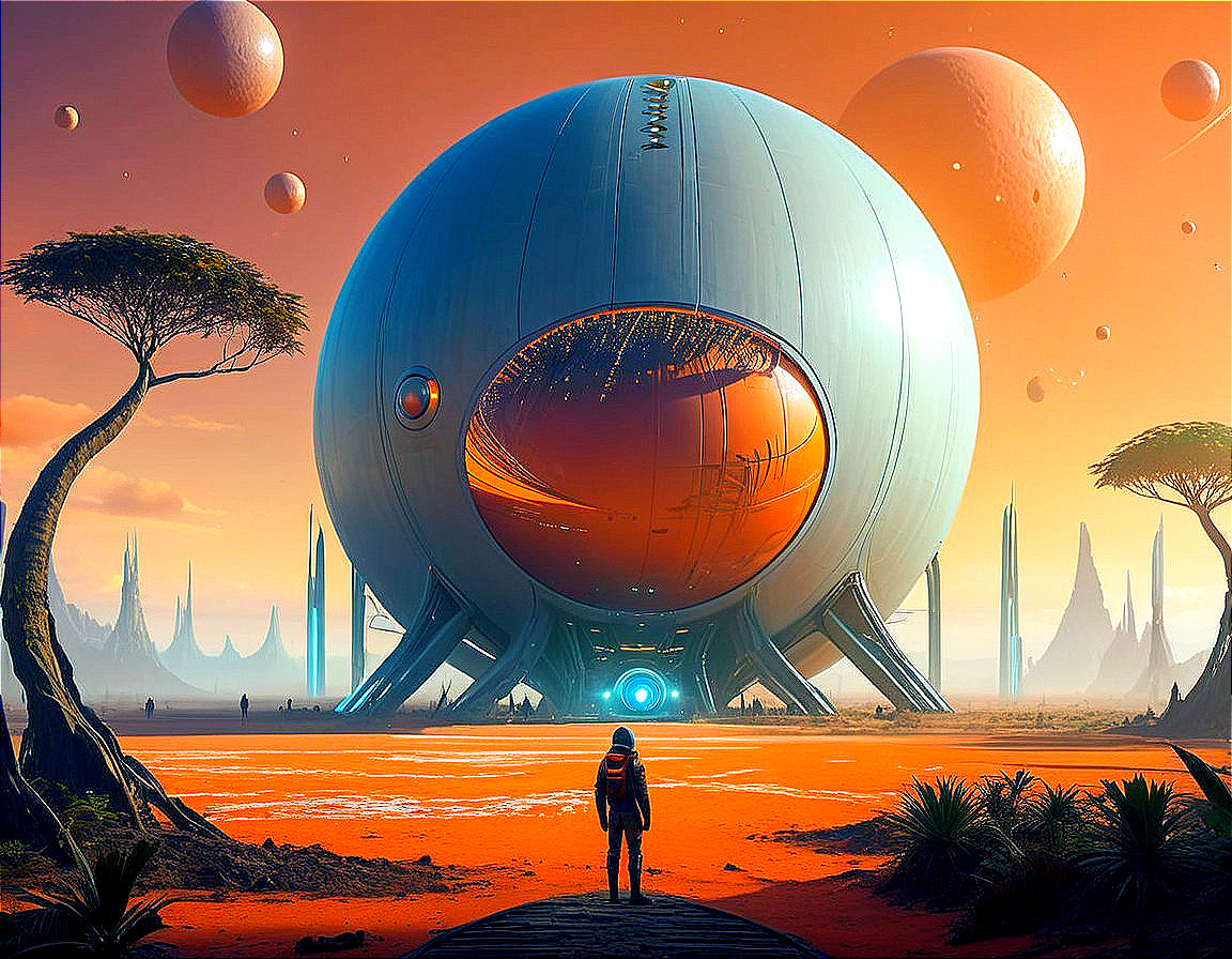Futuristic landscape with spherical structure and orange sky