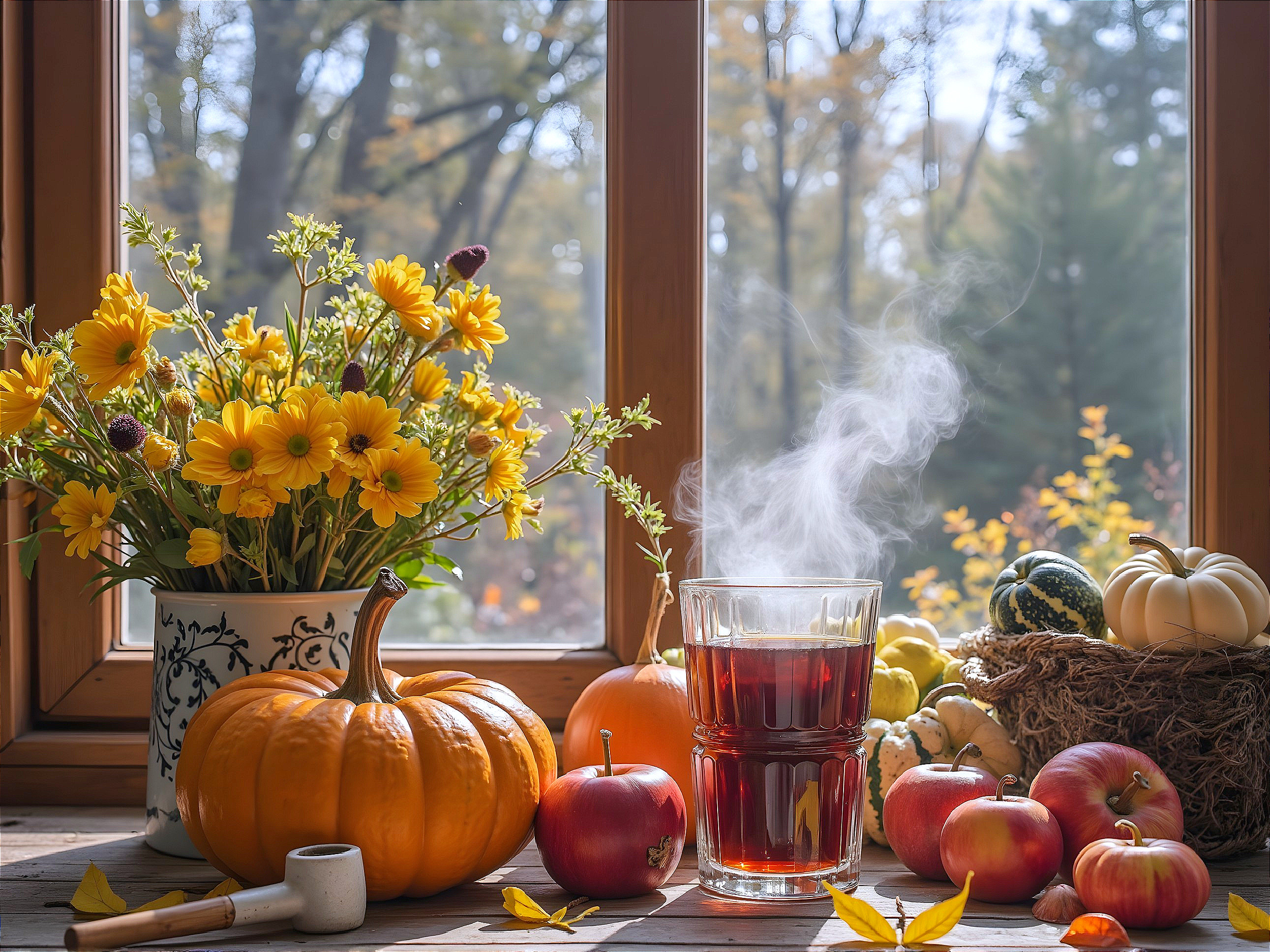 Cozy Autumn Scene with Flowers, Tea, and Pumpkins