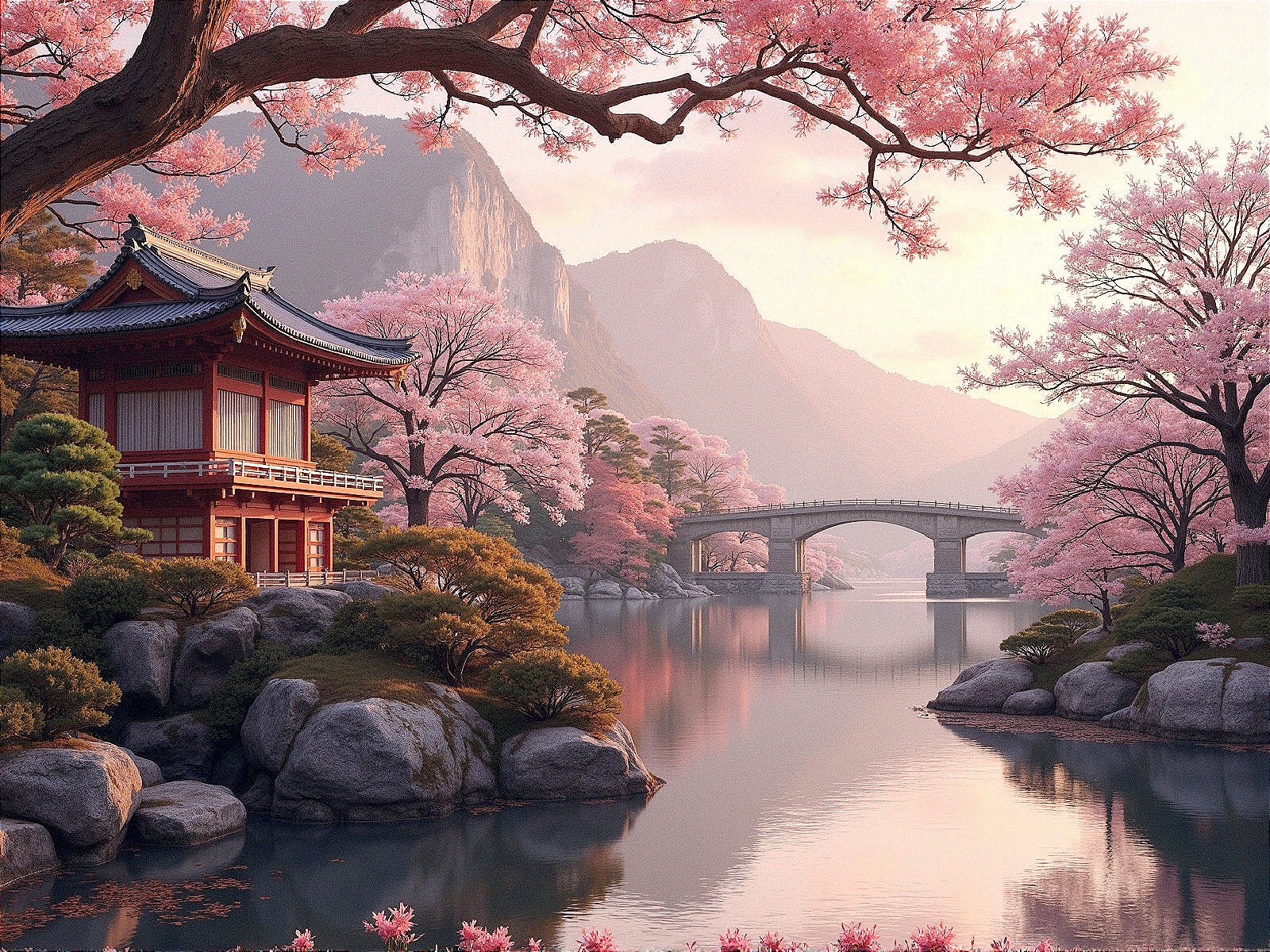 Tranquil River Landscape with Cherry Blossoms and Pavilion