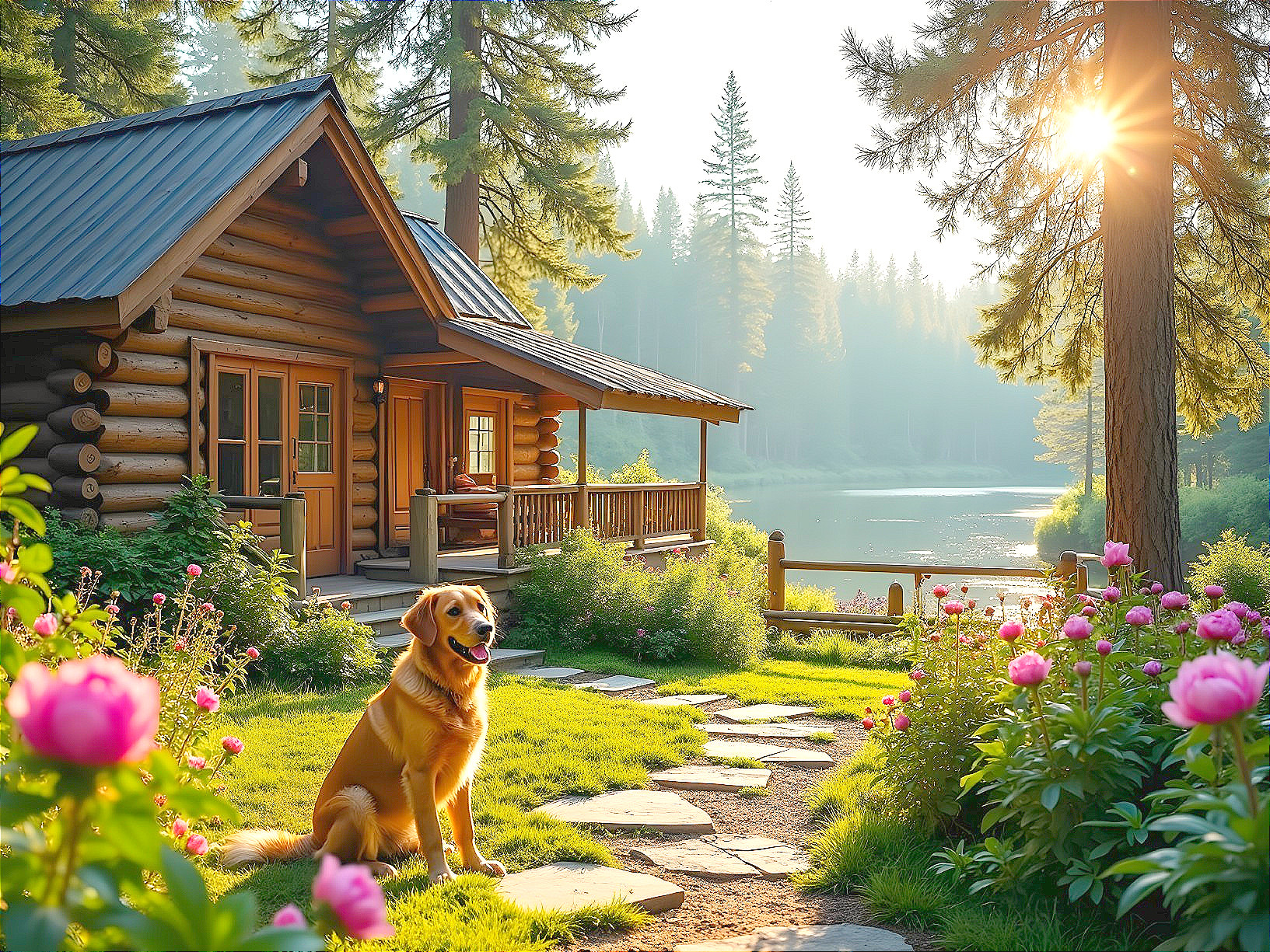 Log Cabin by Serene Lake Surrounded by Nature
