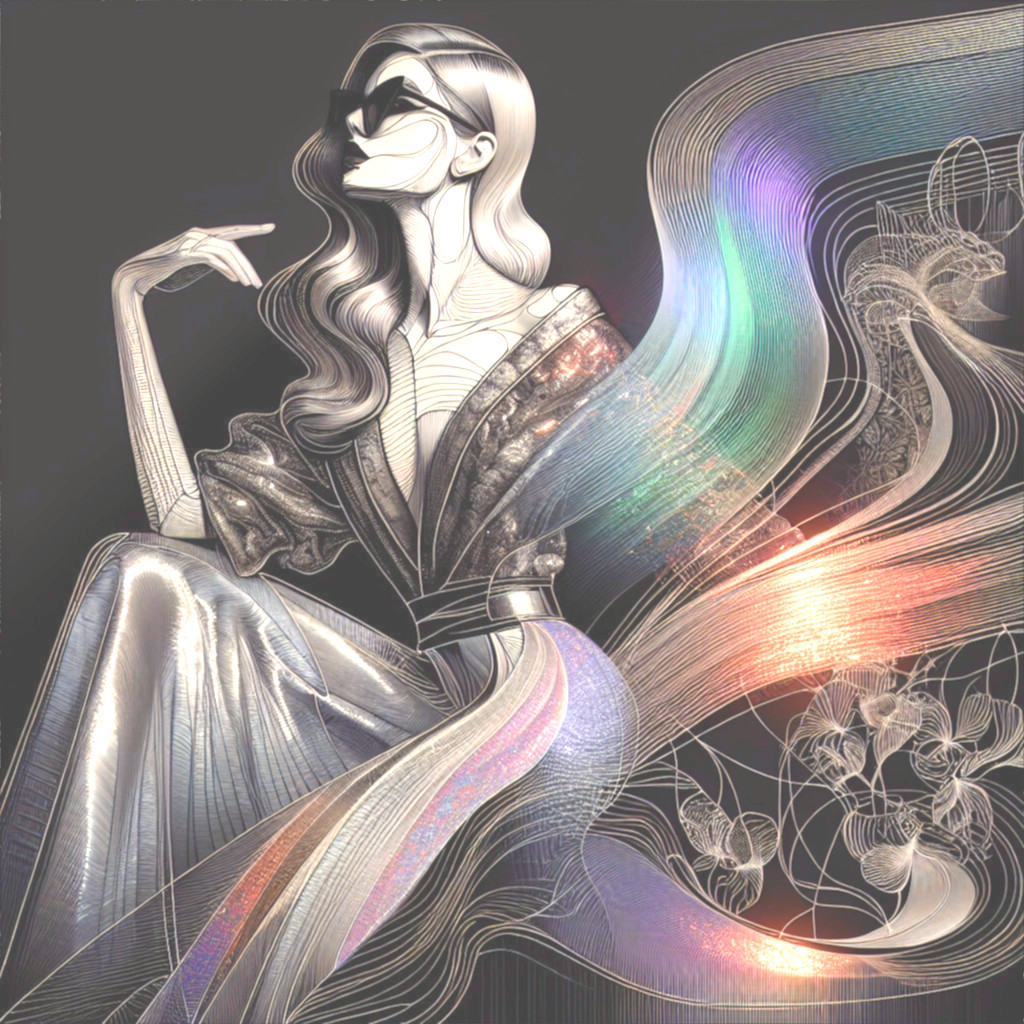 Stylish Figure in Shimmering Outfit with Artful Backdrop