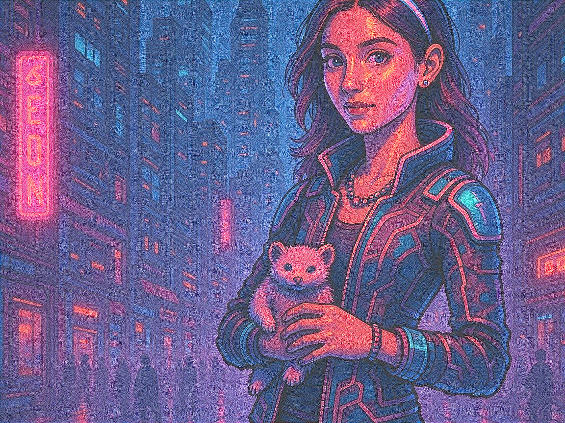 Young woman in neon-lit futuristic city with creature