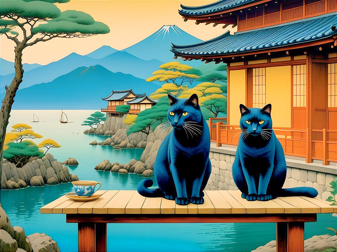 Japanese Landscape with Blue Cats and Pagodas