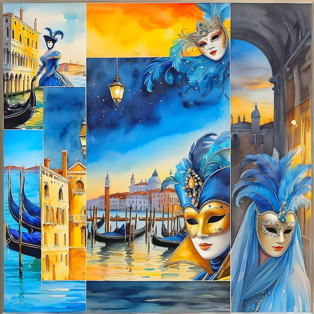 Watercolor Collage of Venice with Canals and Carnival