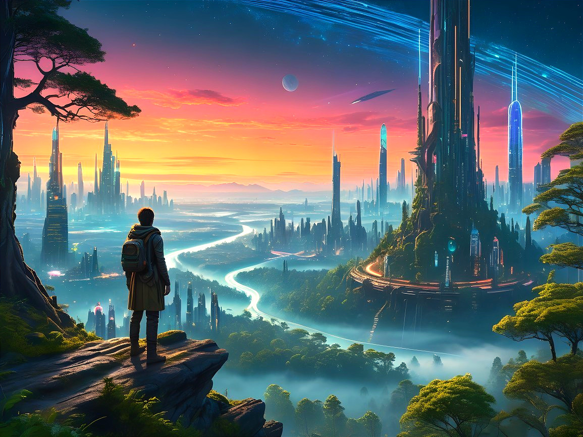 Lone Figure Overlooks Futuristic City at Sunset
