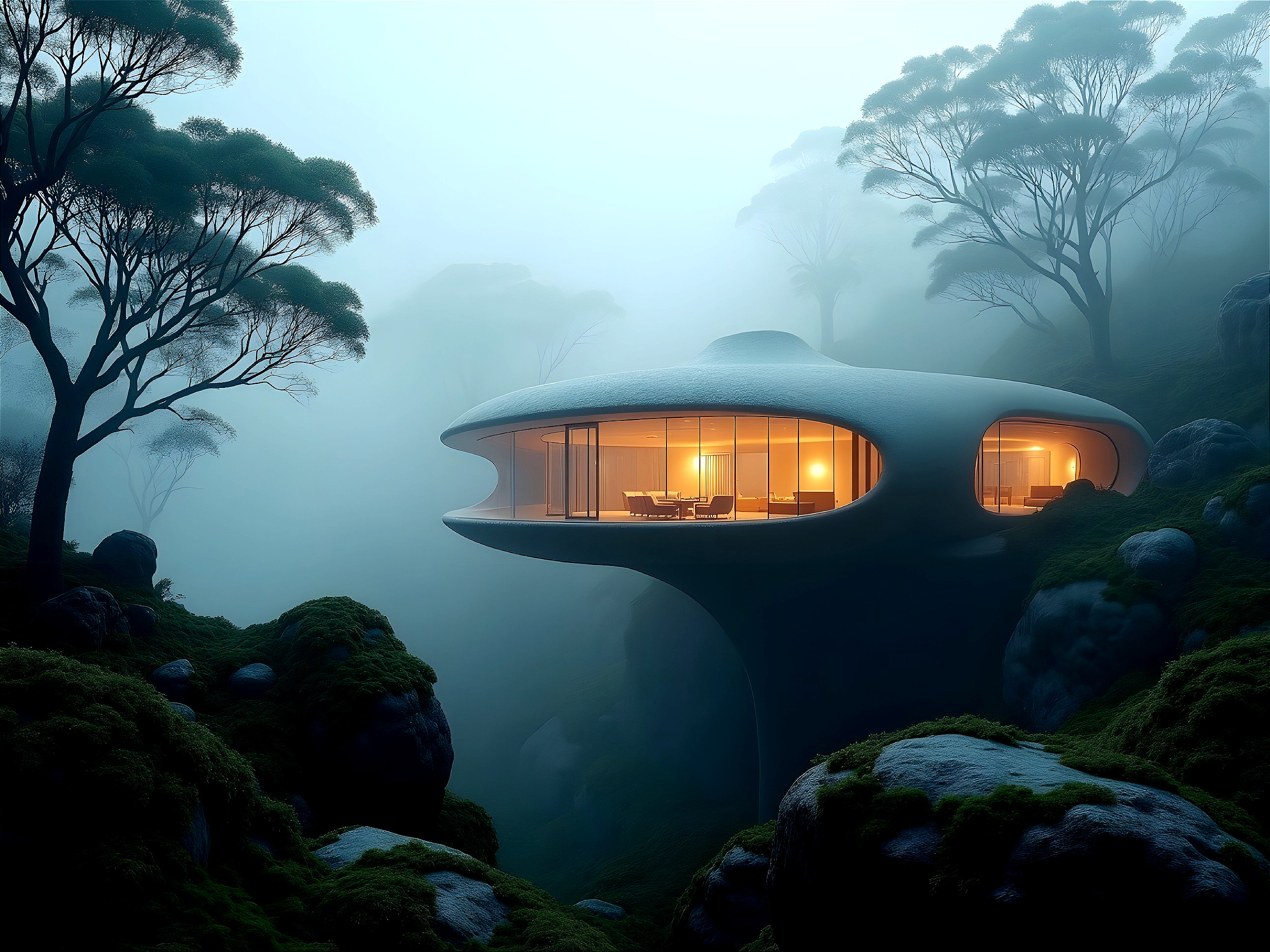 Futuristic Organic-Shaped House in Misty Landscape