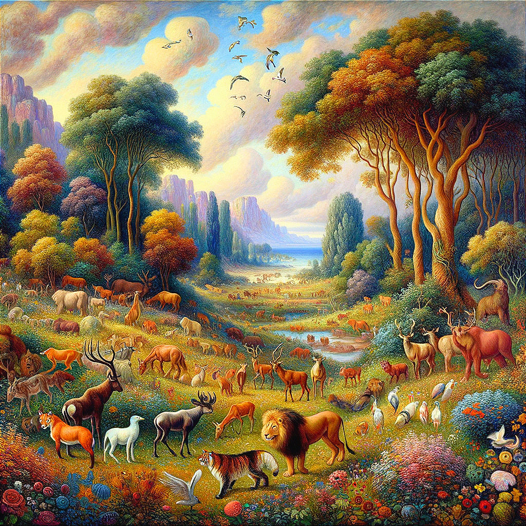 Vibrant Landscape with Wildlife and Majestic Mountains