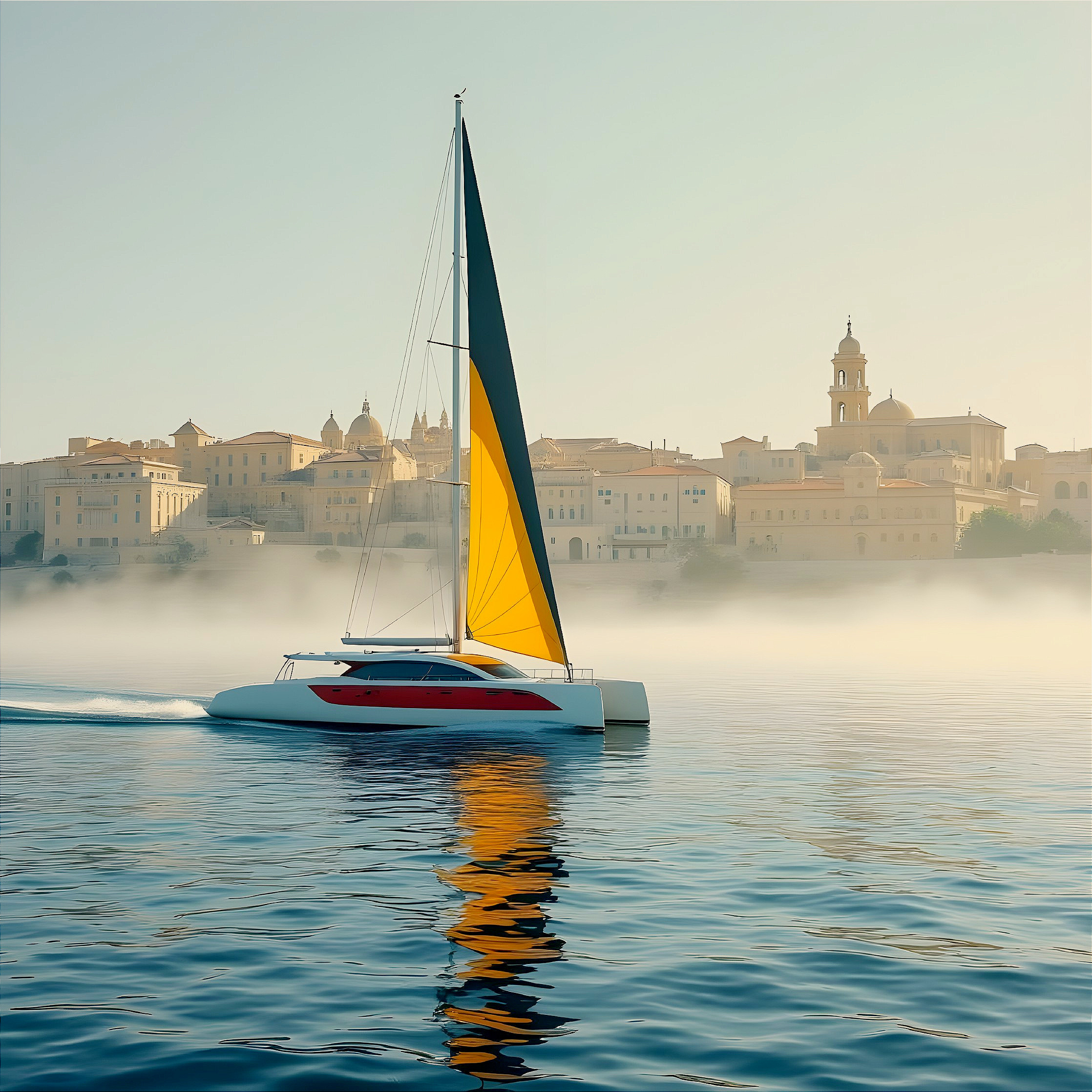 Catamaran with Colorful Sails on Calm Waters