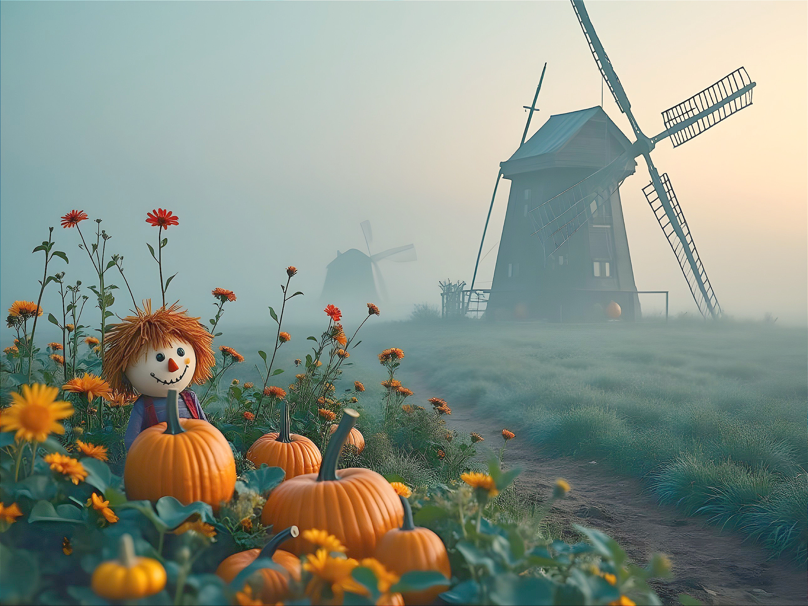 Serene Autumn Landscape with Scarecrow and Pumpkins