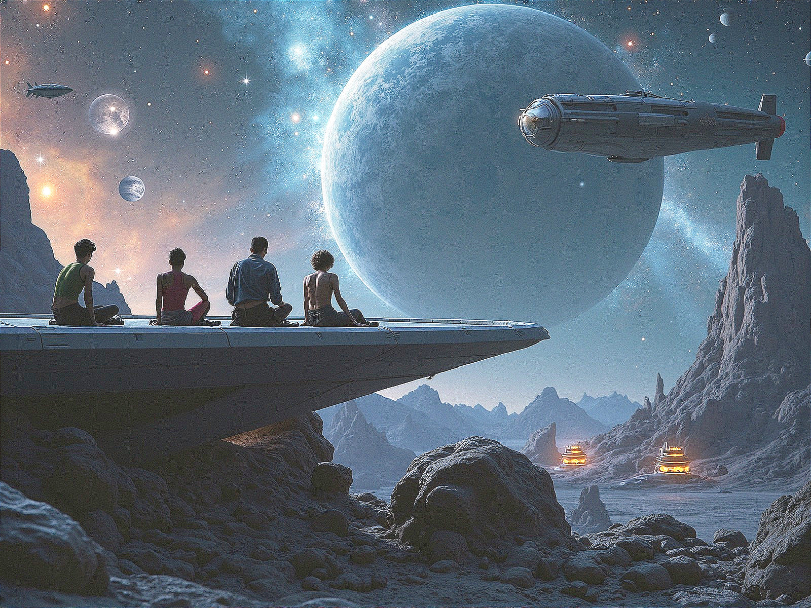 Explorers Observe Alien Landscape from Spacecraft Edge