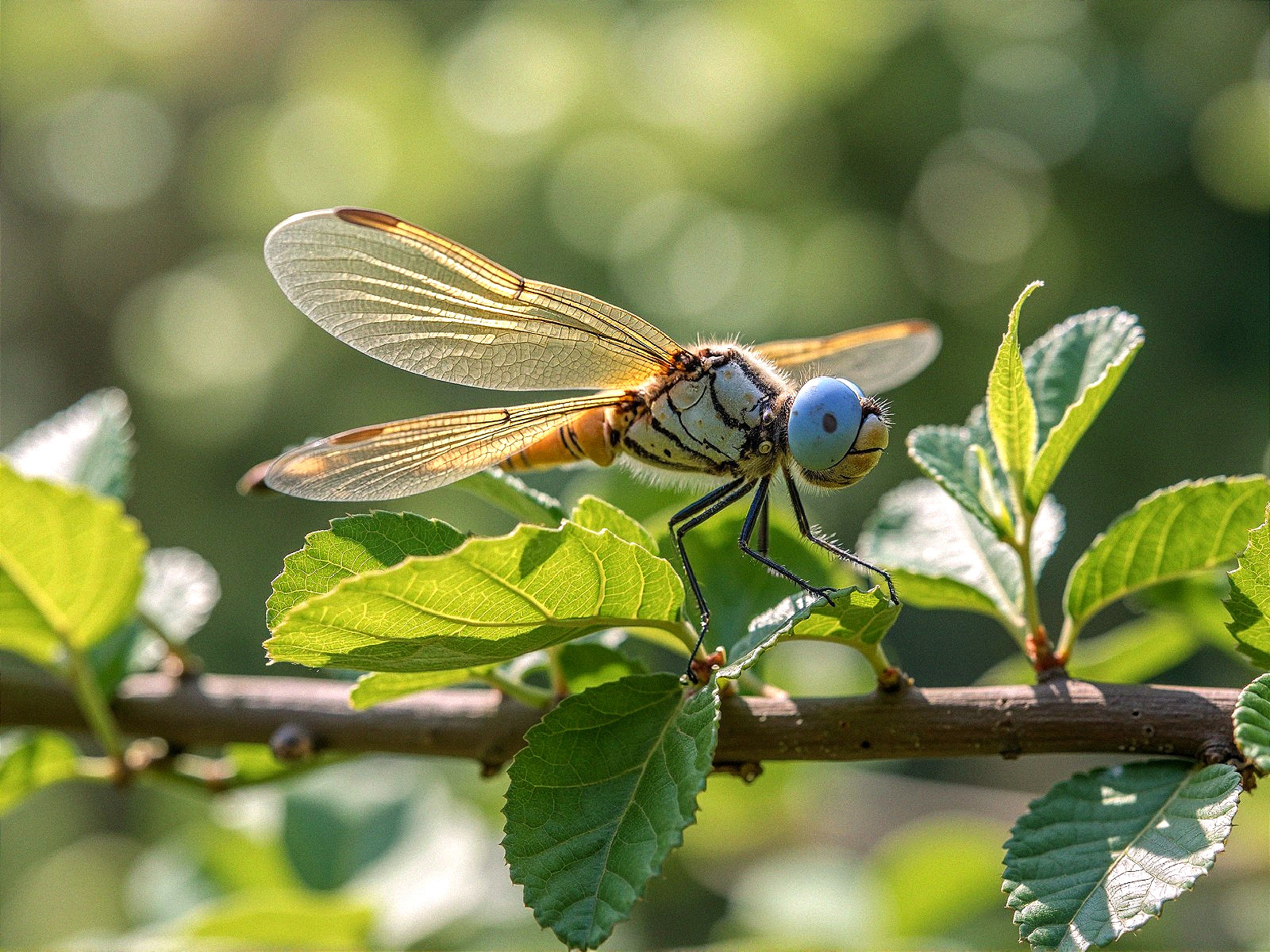 Close-up of a dragonfly on a green leaf with bokeh