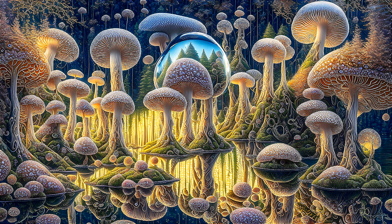 Surreal Landscape with Luminous Mushrooms and Forest