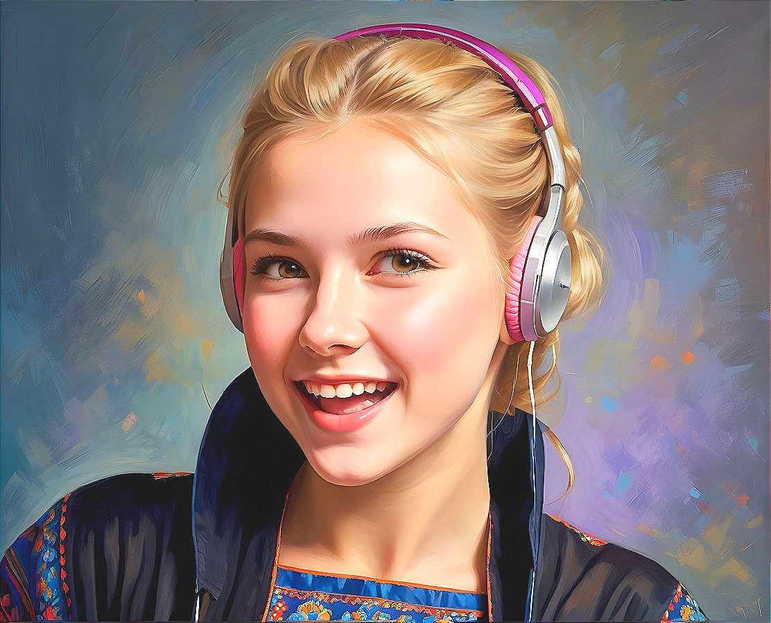 Cheerful girl in pink headphones with colorful attire