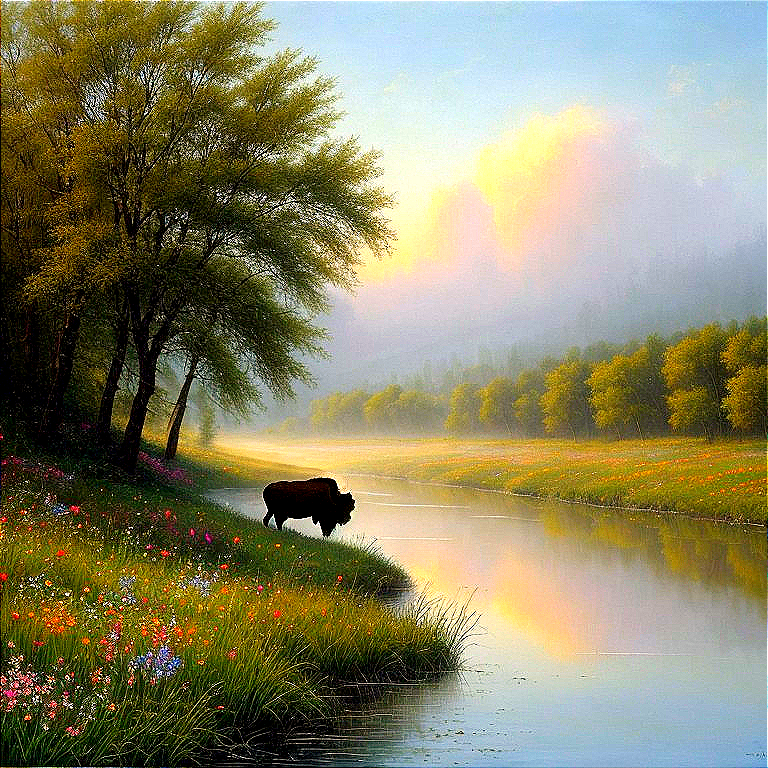 Tranquil River Landscape with Buffalo and Wildflowers