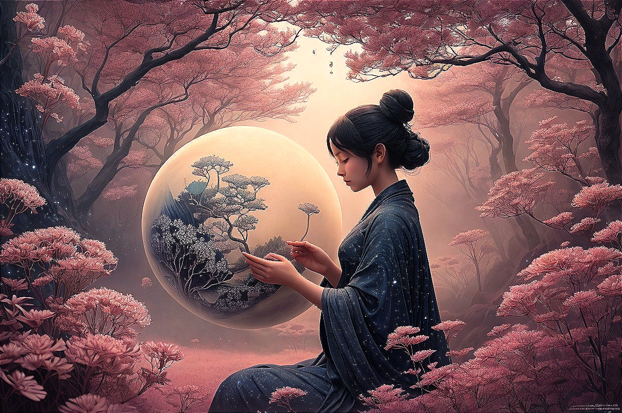 Woman in blue robe admires luminous tree in mystical pink forest