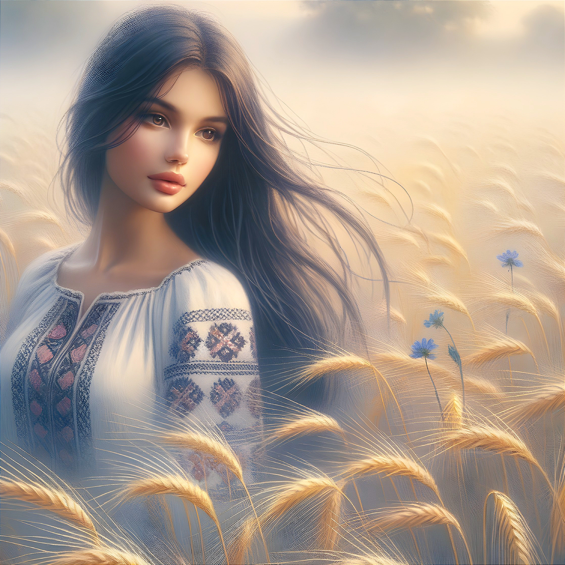 Serene Woman in Wheat Field with Blue Flowers