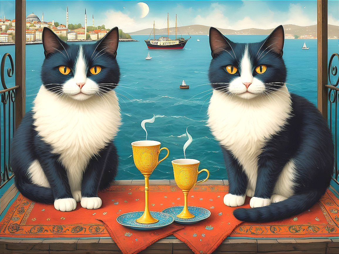 Black and white cats on a rug by the sea