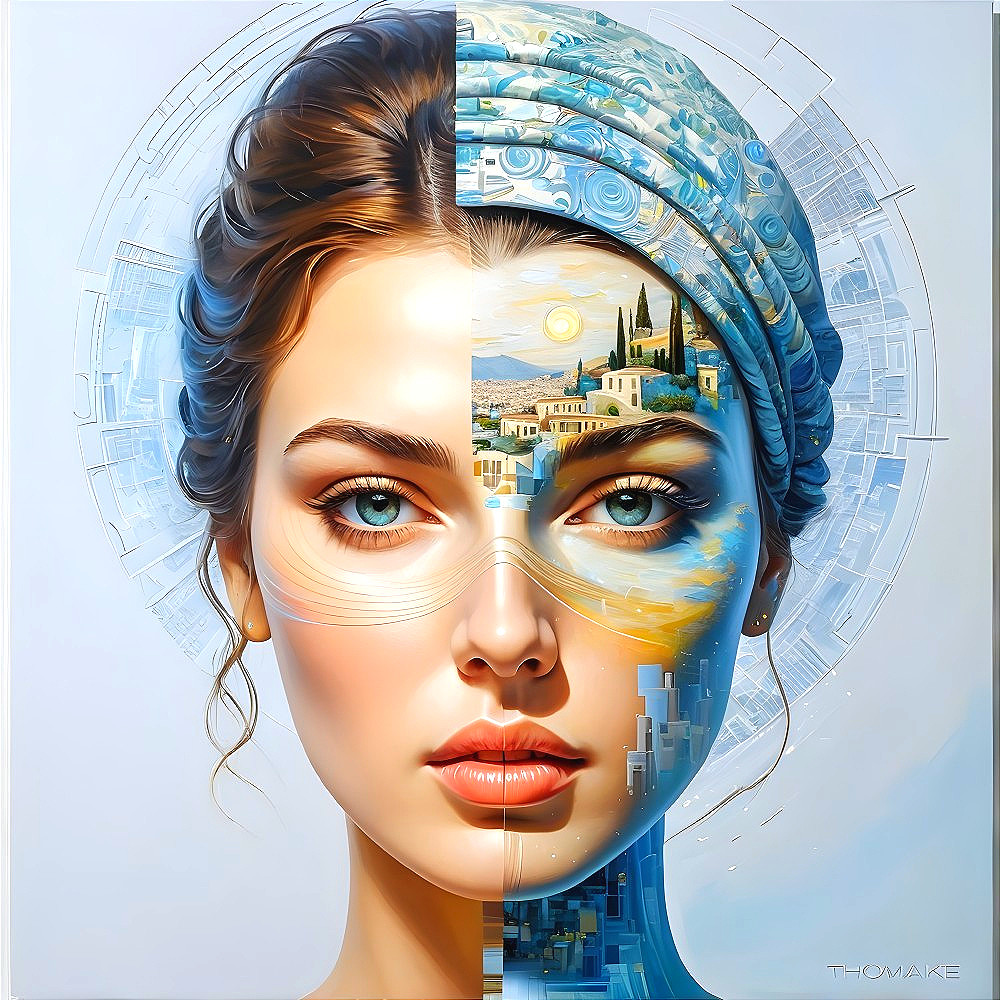 Woman Divided: Serene Face and City Landscape