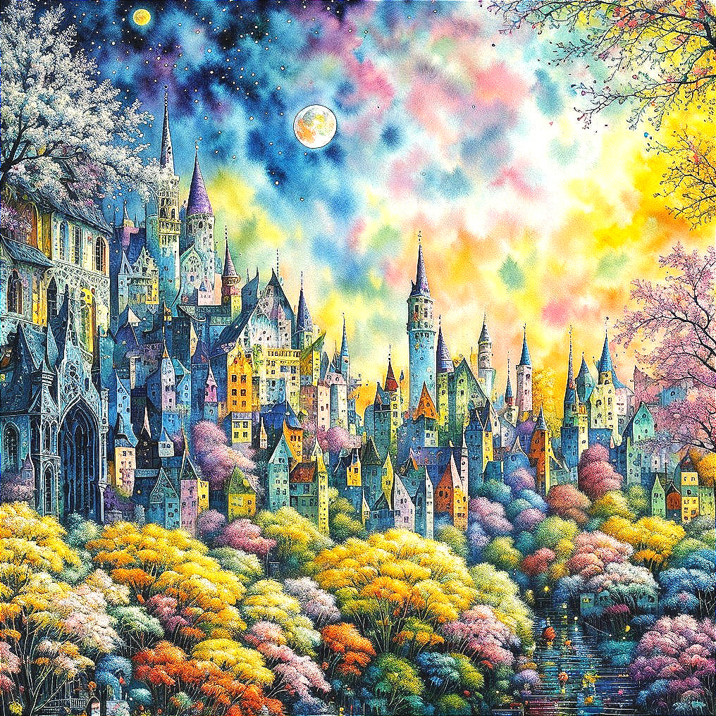 Vibrant Cityscape with Whimsical Towers and Moons