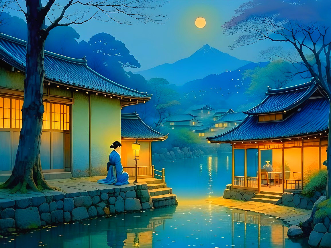Tranquil River Scene with Japanese Architecture and Moon