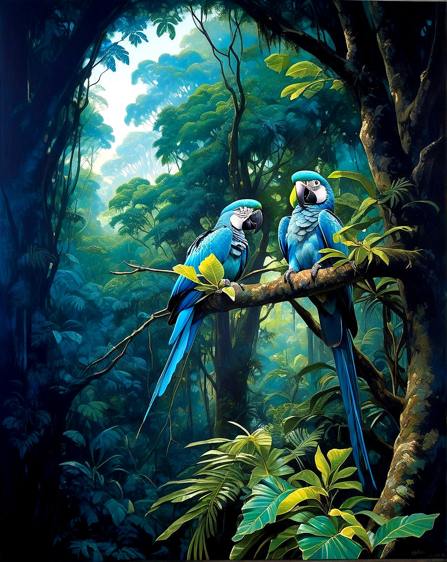 Blue Macaws in Lush Rainforest Setting