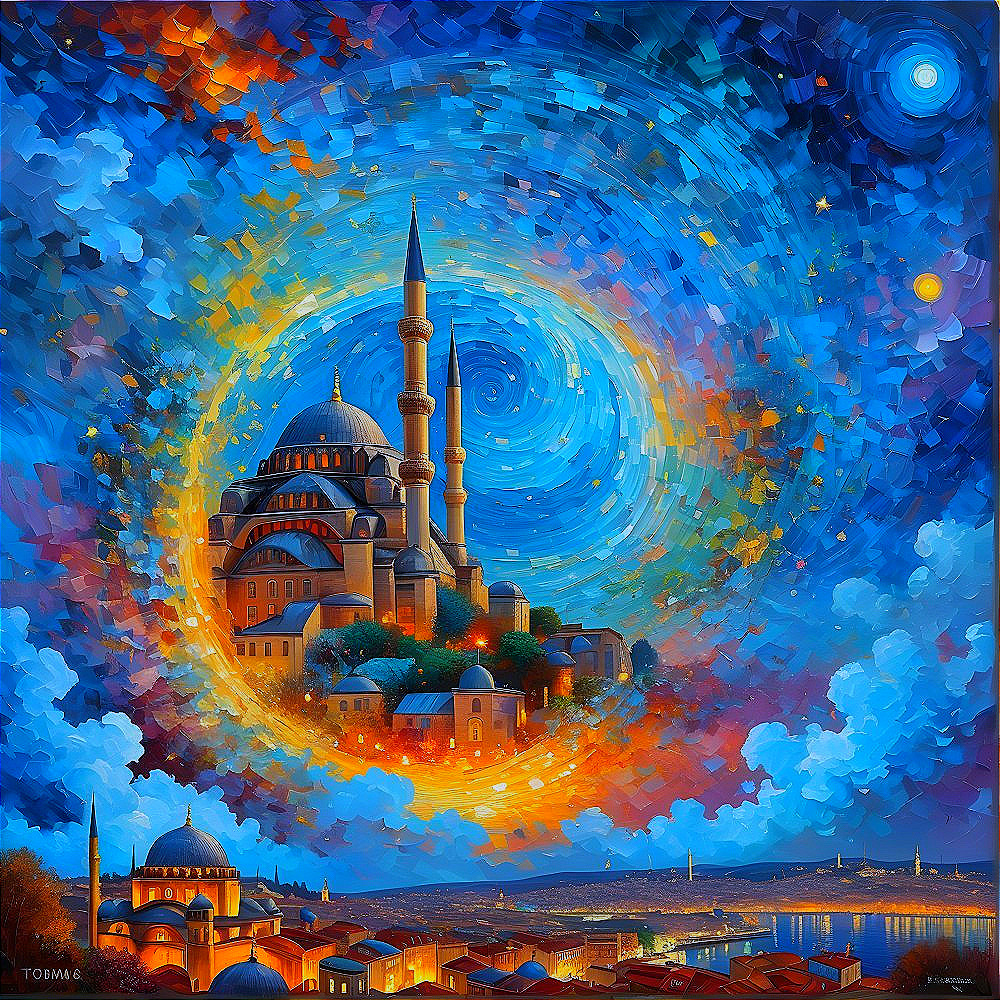 Vibrant Night Sky Over Iconic Mosque and Cityscape