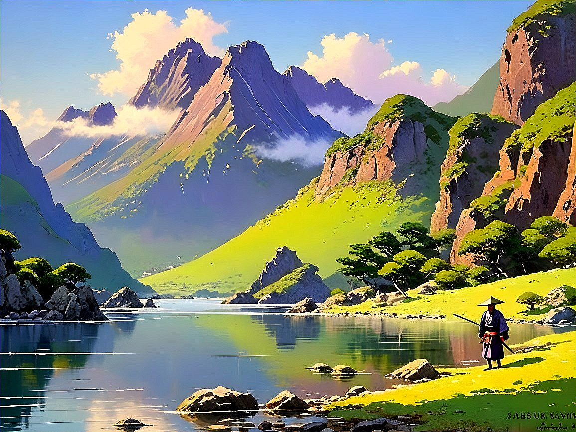 Serene Landscape with Mountains, River, and Lush Greenery