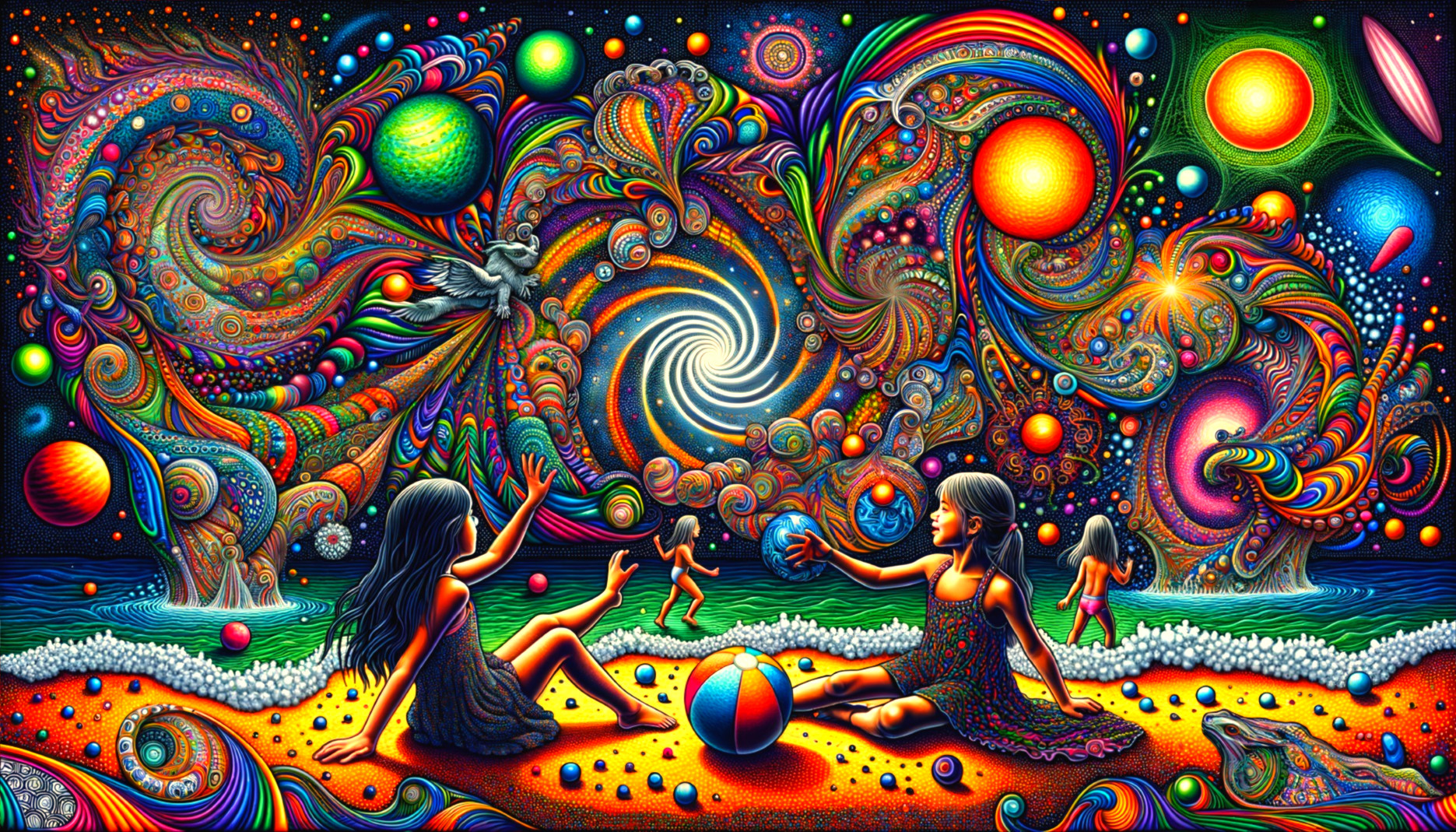 Colorful Psychedelic Artwork Featuring Figures on Beach