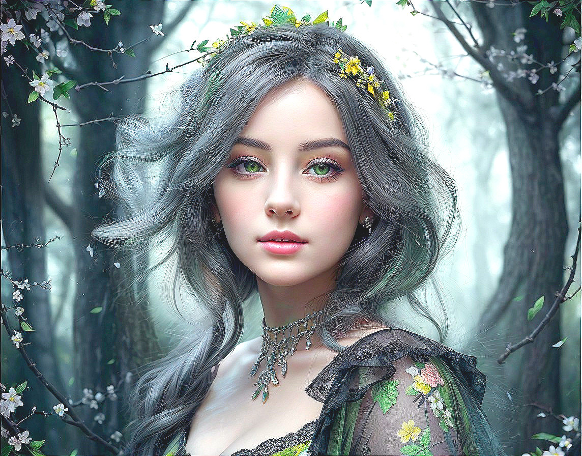 Serene Young Woman in Floral Crown in Mystical Forest