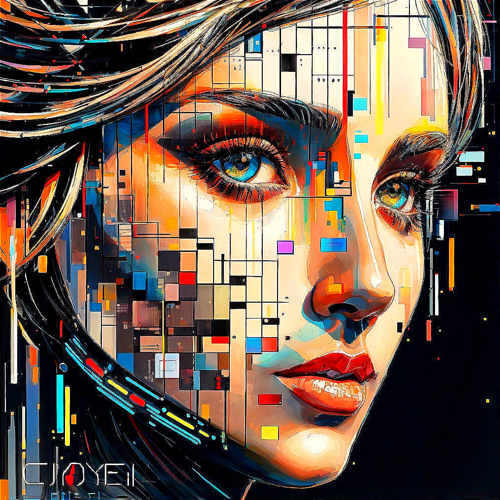 Vibrant digital artwork: Woman's face with abstract geometric patterns