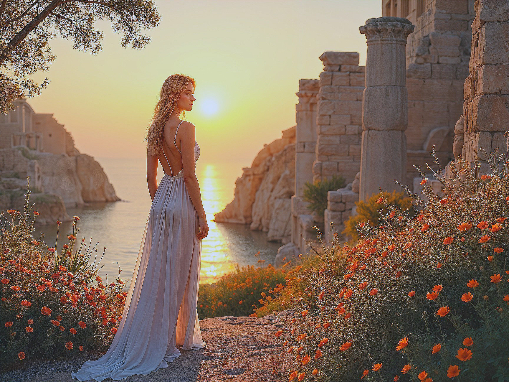Woman in White Dress in Vibrant Garden at Sunset