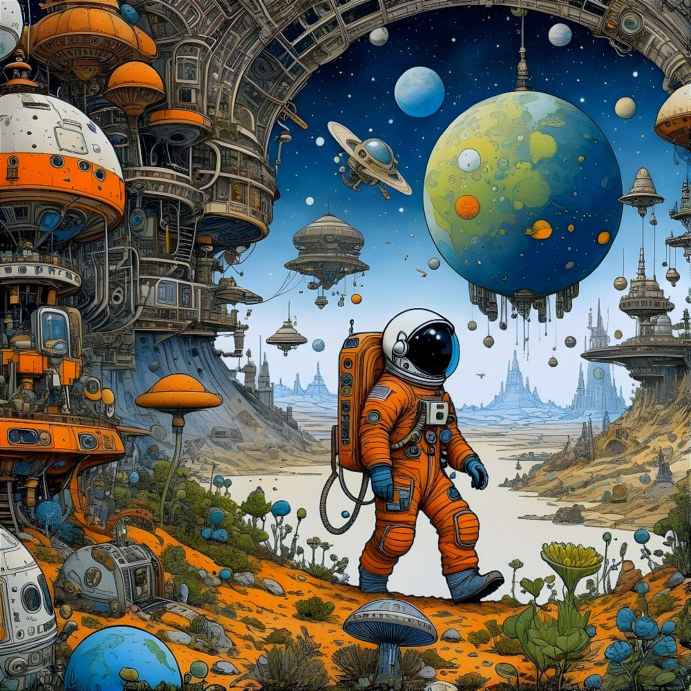 Vibrant Extraterrestrial Landscape with Astronaut and Flora