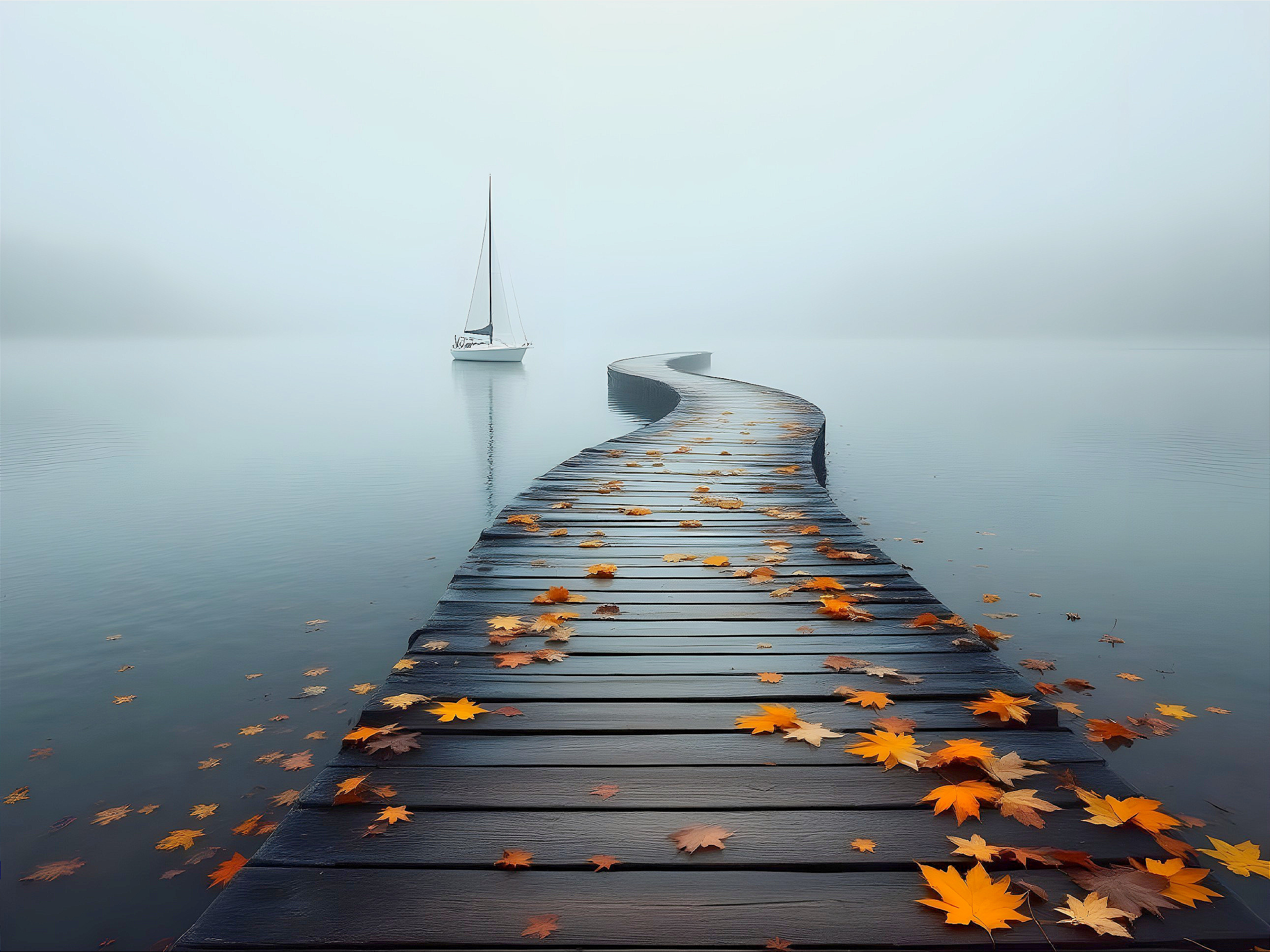 Winding Dock on a Mist-Covered Lake in Autumn