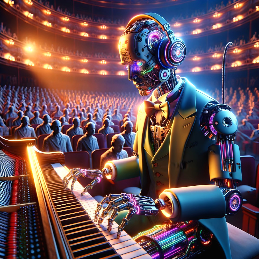 Futuristic Robot Pianist in Grand Theater Performance