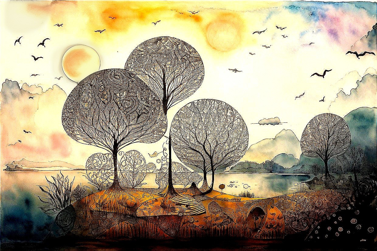 Colorful painting of detailed trees, serene lake, flying birds, whimsical sunset