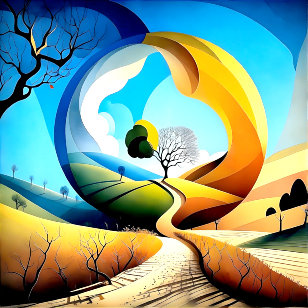 Abstract Landscape with Winding Path and Bold Colors