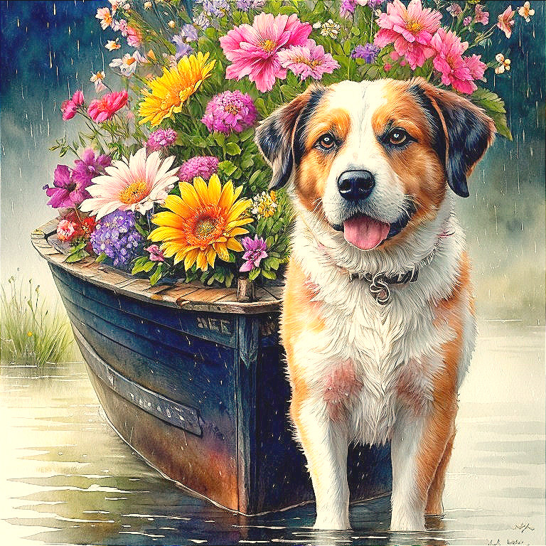 Cheerful Dog by Flower-Filled Boat in Light Rain