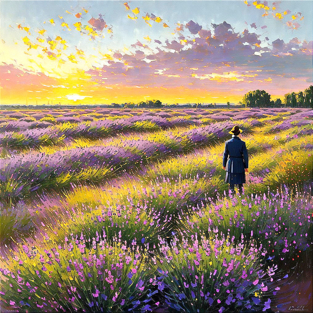Lavender Field at Sunset with Figure in Long Coat