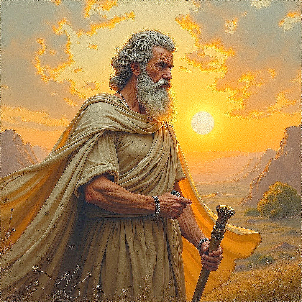 Elderly Figure in Robes Against a Sunset Landscape