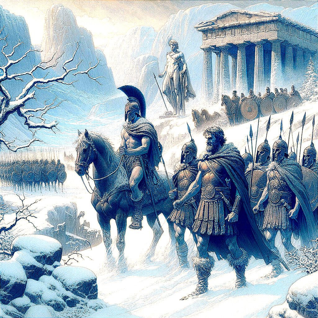 Ancient Warriors Marching in a Snowy Landscape